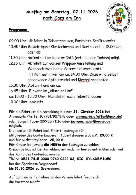 Ausflug am Samstag, 07.11.2026 nach Gars am Inn