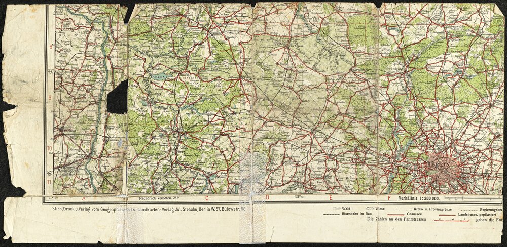 Landkarte, die Max de Winter für den Fußweg vom KZ Sachsenhausen bis Havelberg nutzte, ohne Jahr