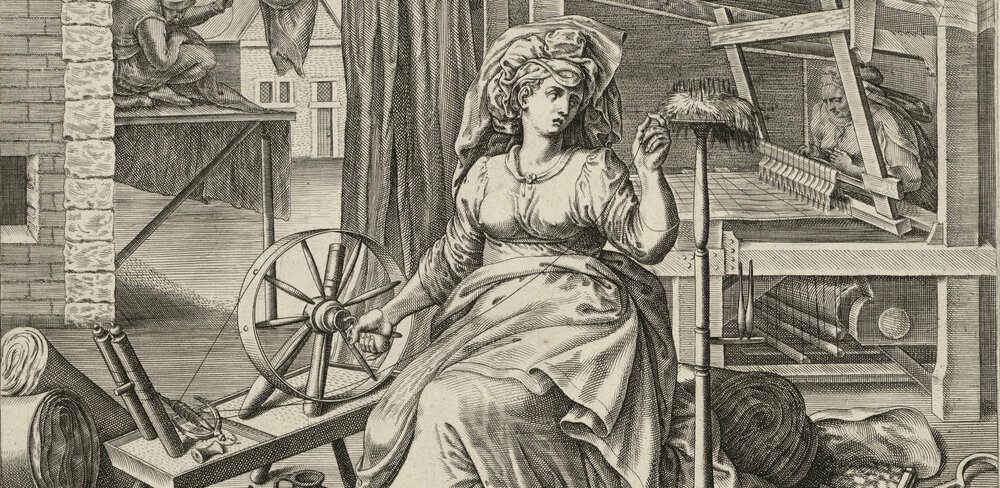 Philipp Galle nach Marten van Cleve, Arachne (Allegorie der Webkunst), Detail, 1574, Kupferstich,