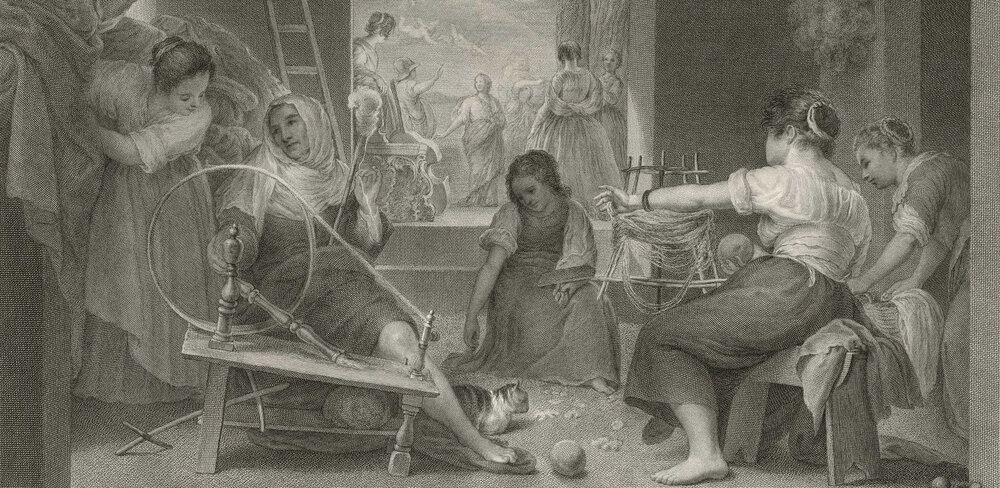 Francisco Muntaner, Die Spinnerinnen, Detail, 1796, Kupferstich