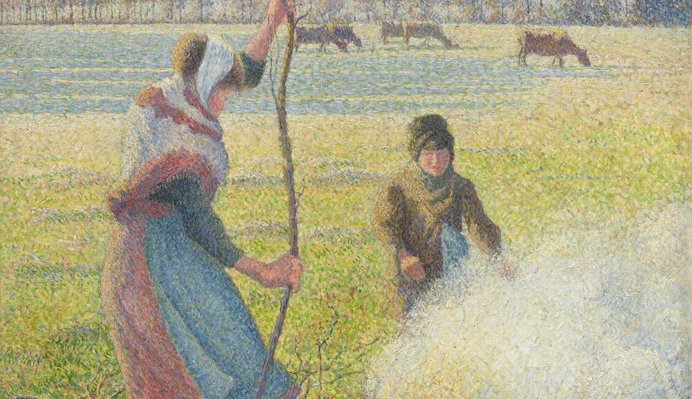 Camille Pissarro: Raureif, eine junge Bäuerin macht Feuer, 1888