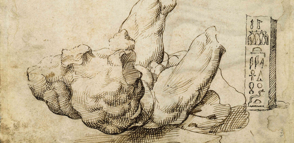 Maarten van Heemskerck, Torso Belvedere und Fragment eines Obelisken, Detail, um 1532–1536, Feder in Braun, Vorzeichnung in Bleigriffel