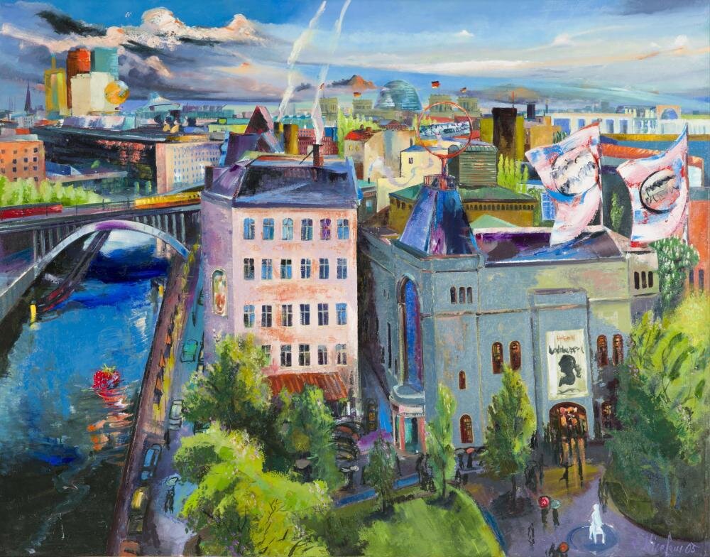 Roland Nicolaus, Berliner Ensemble am Schiffbauerdamm - Panoramaansicht Berlin, 2005 Öl auf Leinwand, 145 x 185 cm Kunstsammlung der Berliner Volksbank K 1440